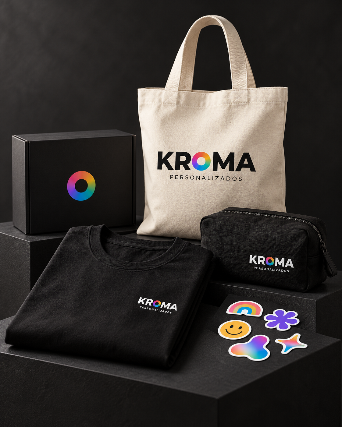 Visual ilustrativo de remera, tote, neceser, stickers y packaging con la identidad de KROMA